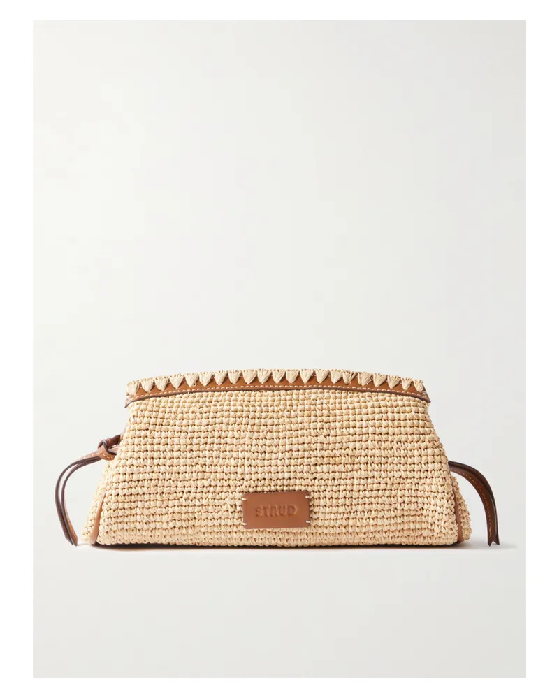 STAUD Maude Leather-trimmed Raffia Clutch - Neutrals Neutrals