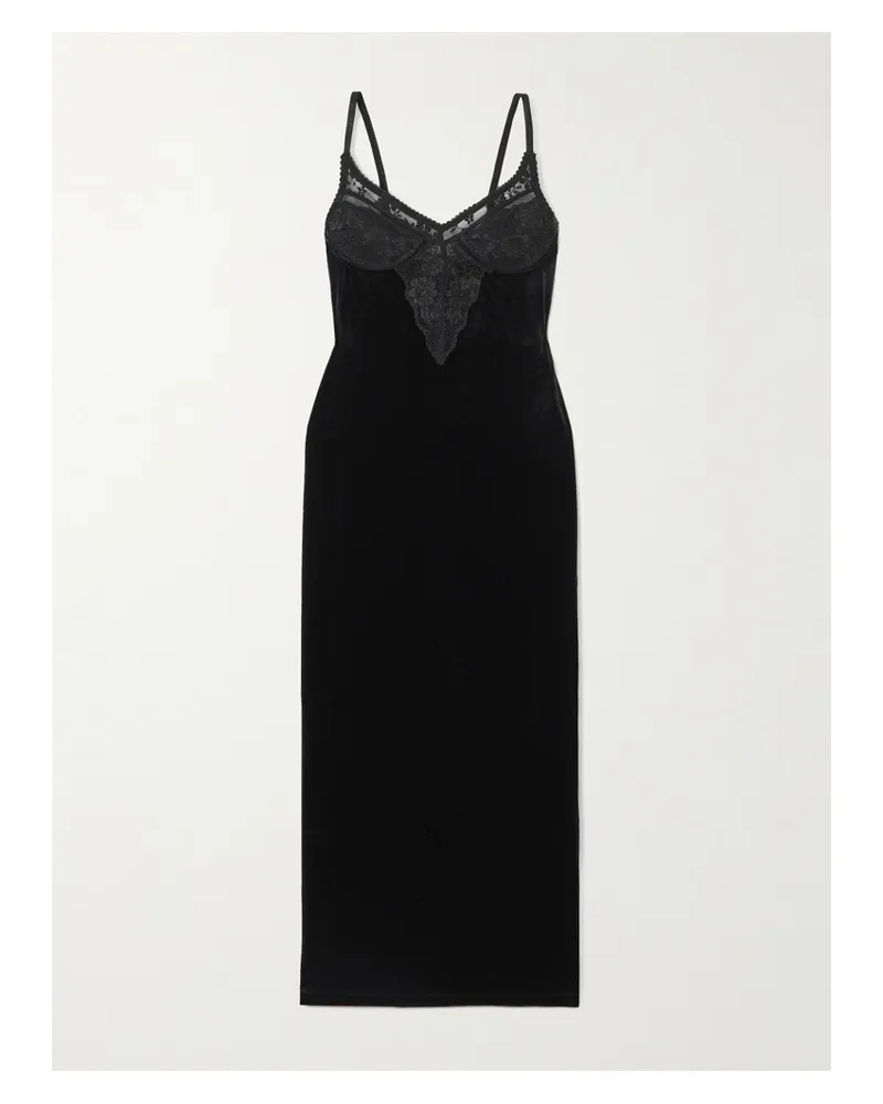 Self-Portrait Midikleid Aus Samt Mit Spitzenbesätzen - Schwarz Schwarz
