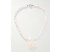 Mykonos Kette Mit Süßwasserperlen, Muschel Und Rhodinierten Details - Weiß
