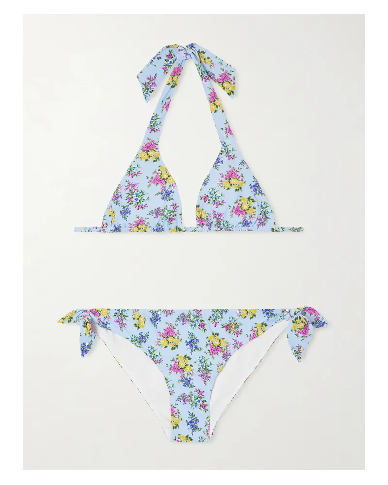 Dolce & Gabbana Embellished Floral-print Triangle Bikini - Blue Blue