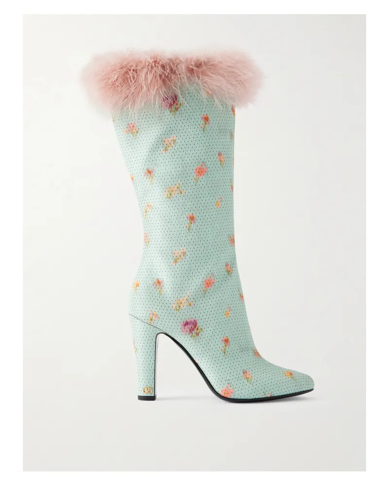 Valentino Garavani Hotty 100 Feather-trimmed Printed Crepe Knee Boots - Blue Blue