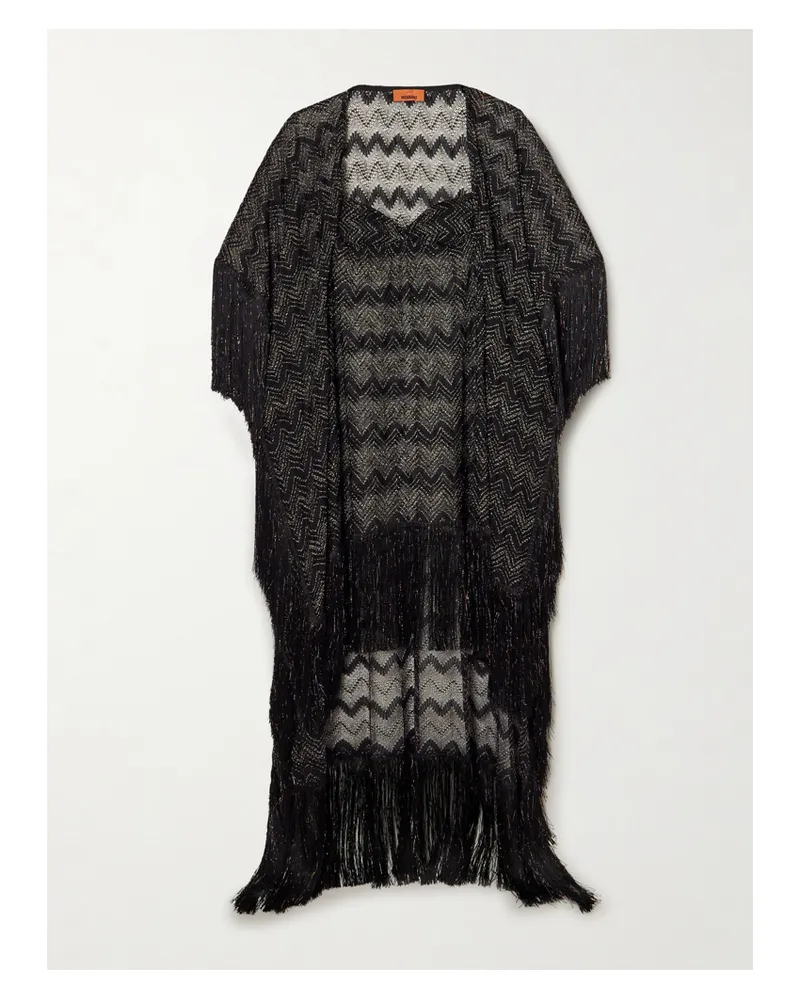 Missoni Mare Fringed Striped Metallic Crochet-knit Kaftan - Black Black