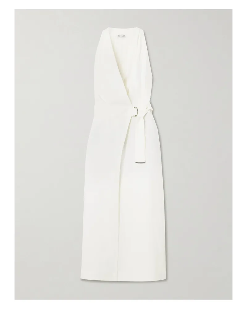 Brunello Cucinelli Midi-wickelkleid Aus Crêpe Mit Zierperlen Und Gürtel - Weiß Weiß