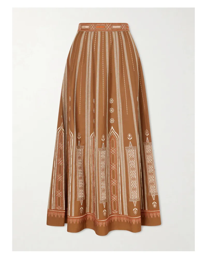 Emporio Sirenuse Camille Embroidered Cotton-blend Midi Skirt - Brown Brown
