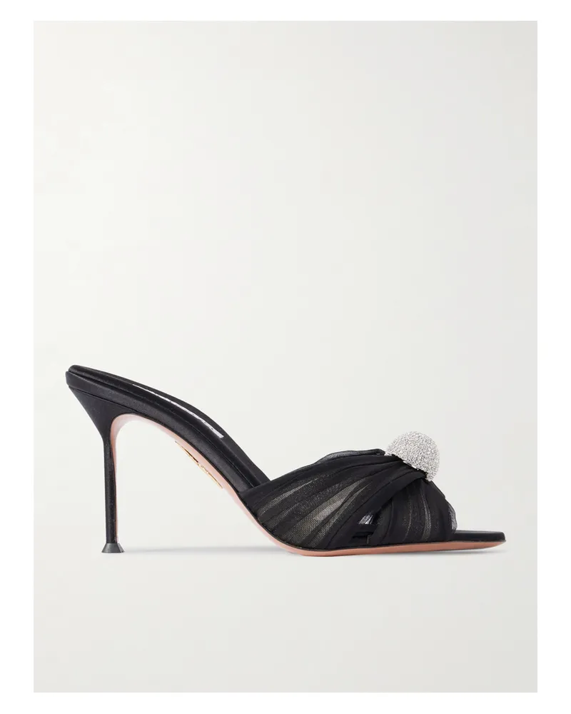 Aquazzura Mystery 85 Crystal-embellished Leather-trimmed Chiffon Mules - Black Black