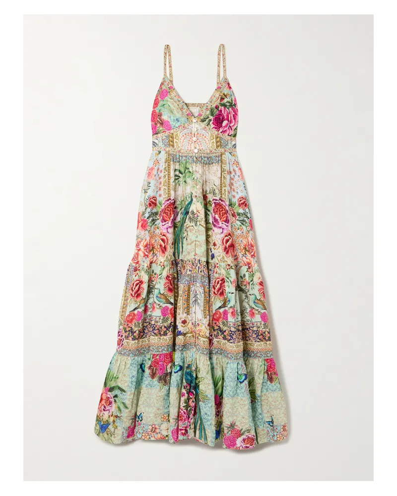Camilla Crystal-embellished Tiered Floral-print Linen Maxi Dress - Multi Multi