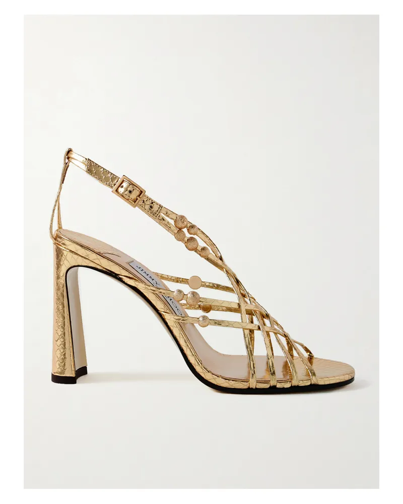 Jimmy Choo Felice 95 Sandalen Aus Metallic-leder Mit Schlangeneffekt Und Verzierungen - Gold Gold