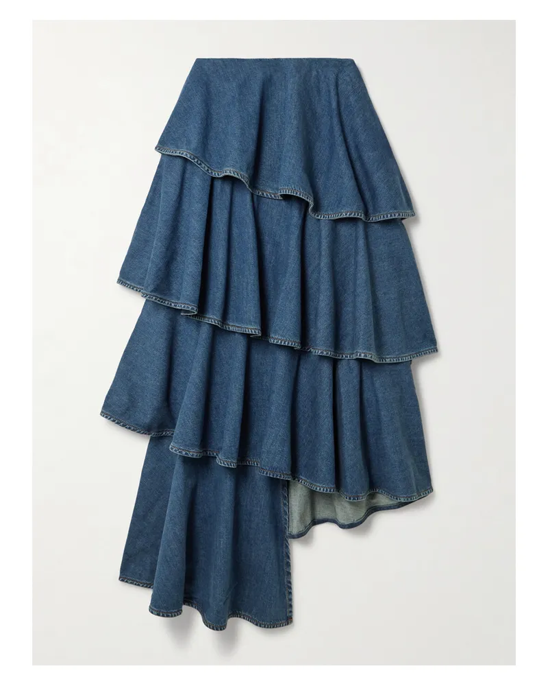 Alaïa Asymmetric Ruffled Tiered Denim Skirt - Blue Blue