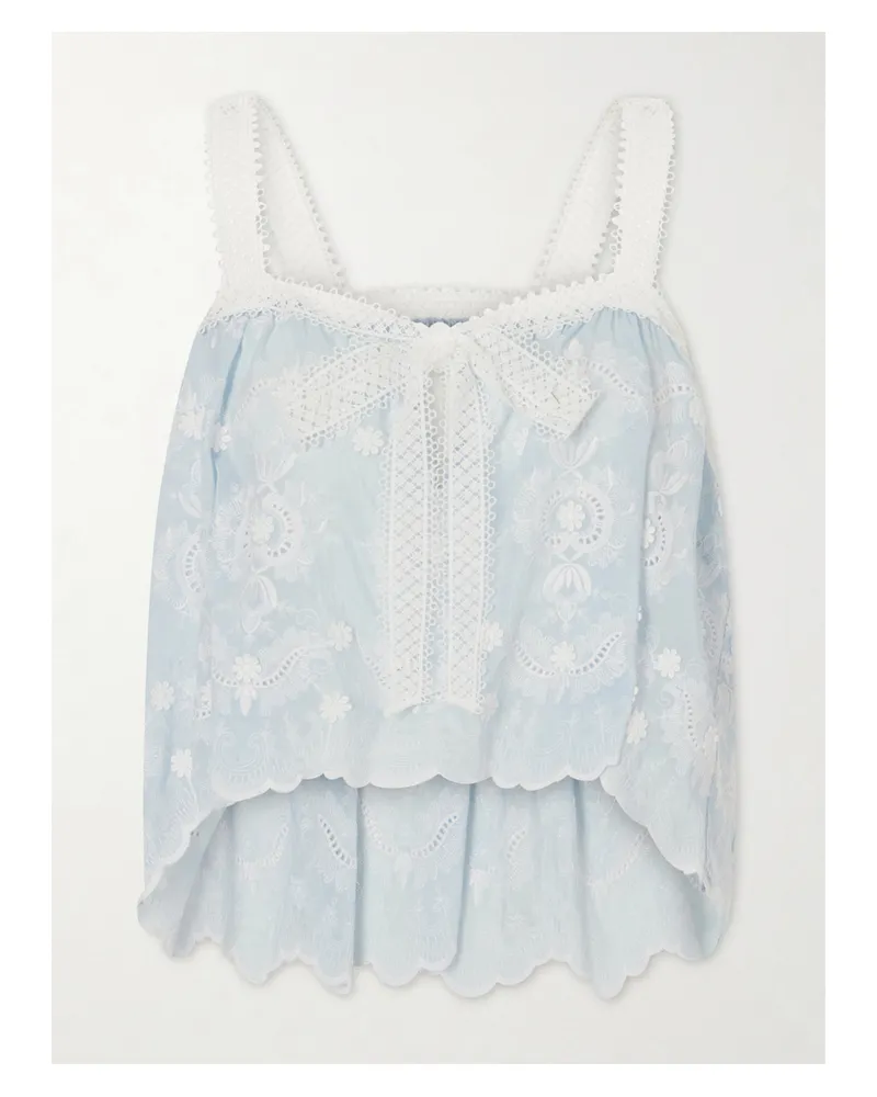 Miguelina Kaila Cropped Asymmetric Bow-detailed Embroidered Silk-blend Voile Top - Blue Blue