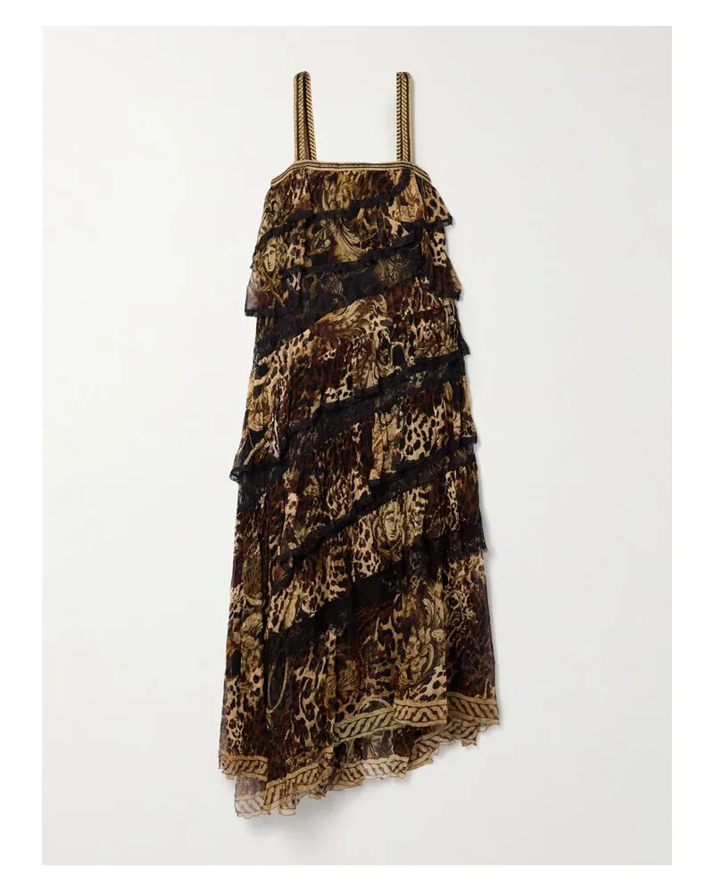 Camilla Gestuftes Maxikleid Aus Bedruckten Seidenkrepon Mit Spitzenbesätzen Und Kristallen - Schwarz Schwarz