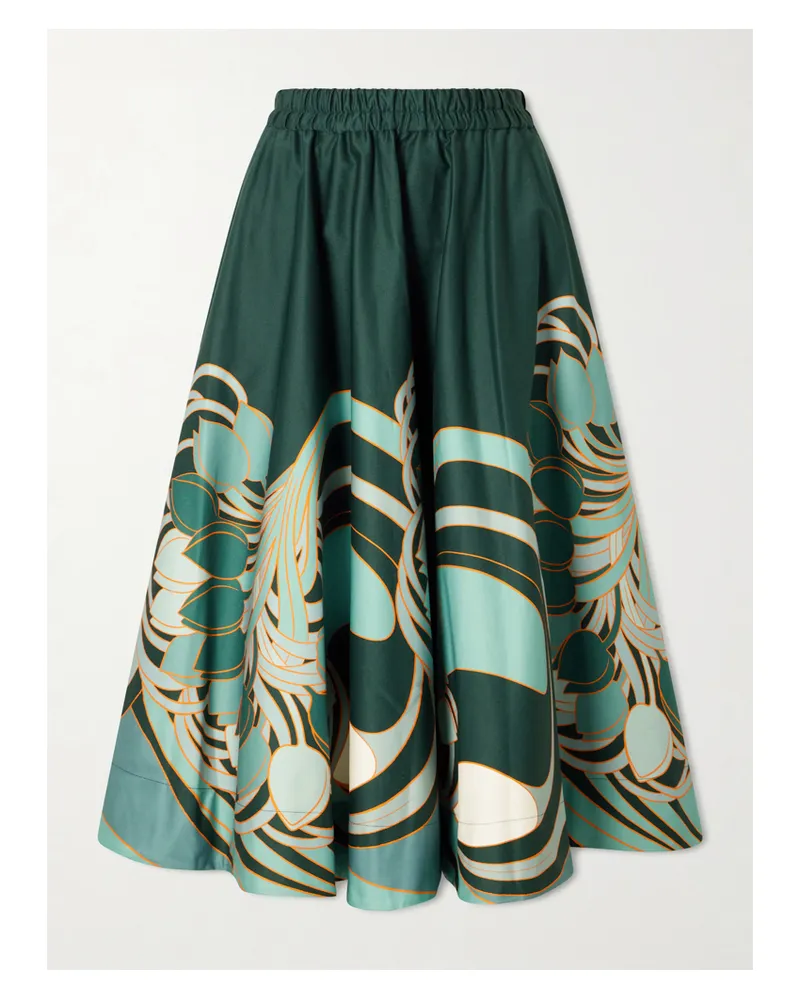 La DoubleJ Ballerina Gathered Printed Cotton-twill Midi Skirt - Green Green