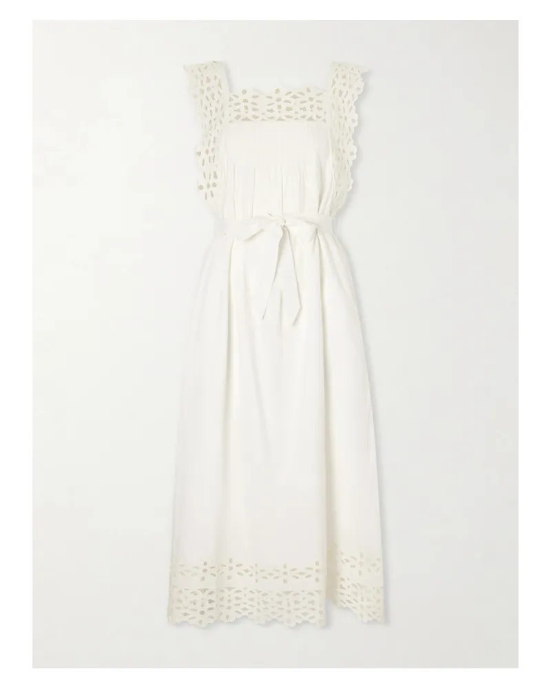 Sea Leila Broderie Anglaise-trimmed Cotton And Linen-blend Midi Dress - White White