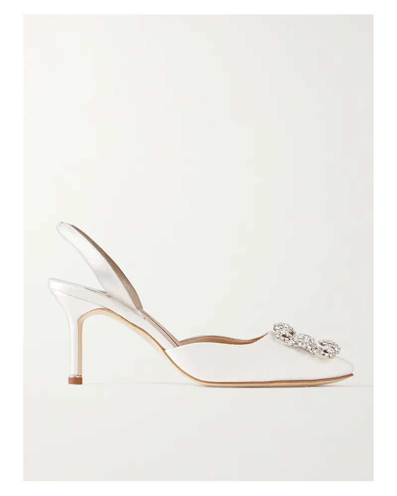 Manolo Blahnik Hangisli 70 Slingback-pumps Aus Satin Mit Kristallen - Weiß Weiß