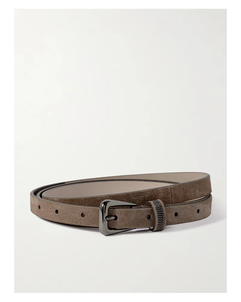 Brunello Cucinelli Bead-embellished Suede Belt - Brown Brown