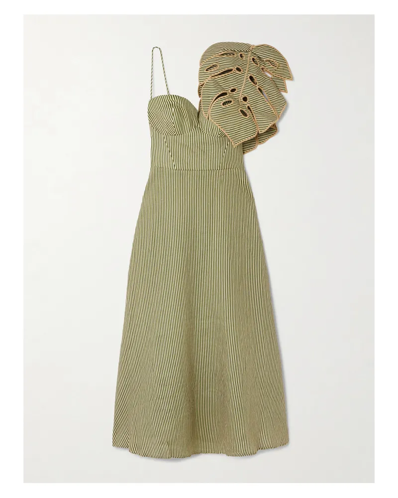 FARM Rio Appliquéd Striped Linen Midi Dress - Green Green