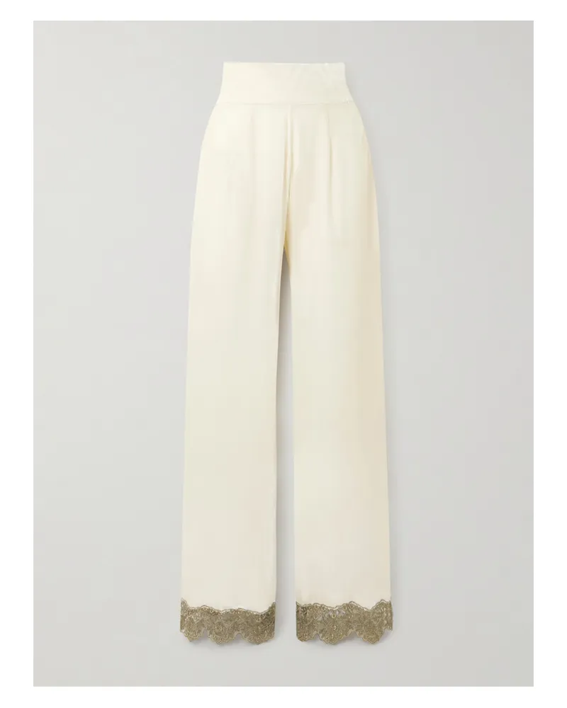 Loretta Caponi Ada Hose Mit Geradem Bein Aus Samt Mit Tüllbesatz - Creme Creme