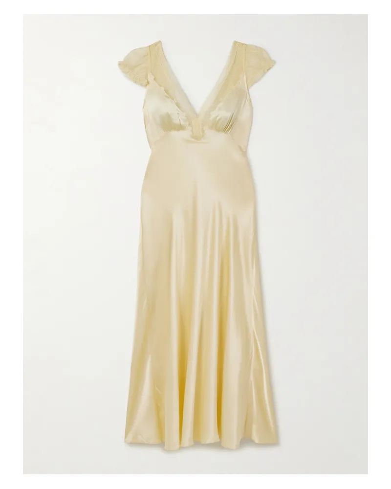 DÔEN Corelia Tulle-trimmed Silk-satin Midi Dress - Yellow Yellow