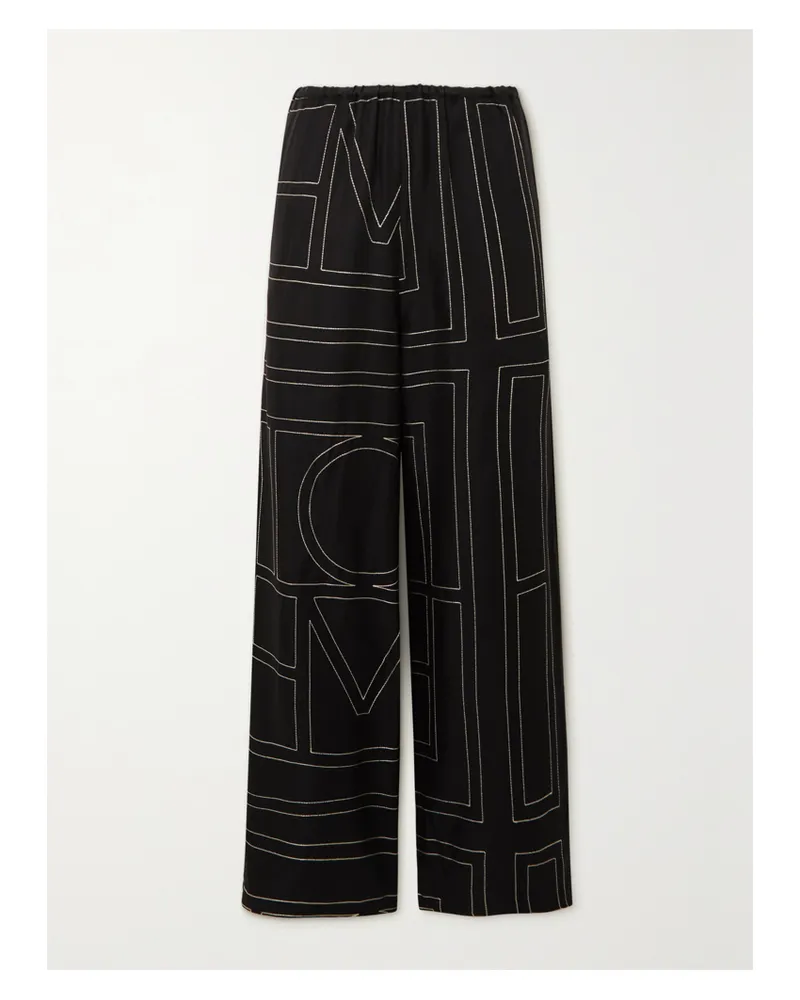 Totême Embroidered Silk-twill Wide-leg Pants - Black Black