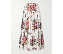 Pleated Tiered Floral-print Cotton-poplin Midi Skirt - White
