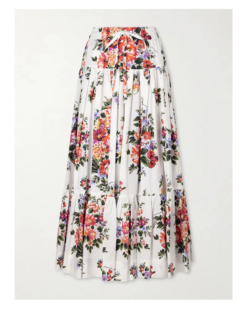 Dolce & Gabbana Pleated Tiered Floral-print Cotton-poplin Midi Skirt - White White