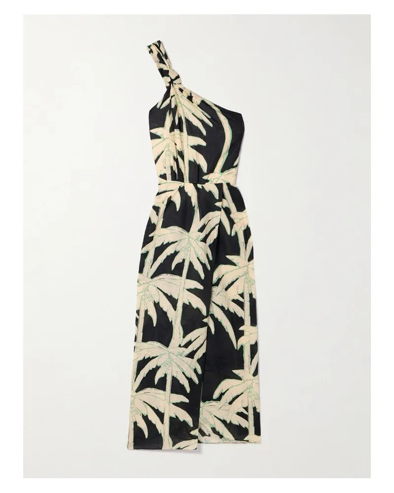 Johanna Ortiz Dark Palms Asymmetrisches Midikleid Aus Bedrucktem Leinen Mit Wickeleffekt - Schwarz Schwarz