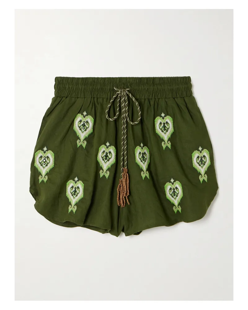 FARM Rio Embellished Embroidered Linen-blend Shorts - Green Green