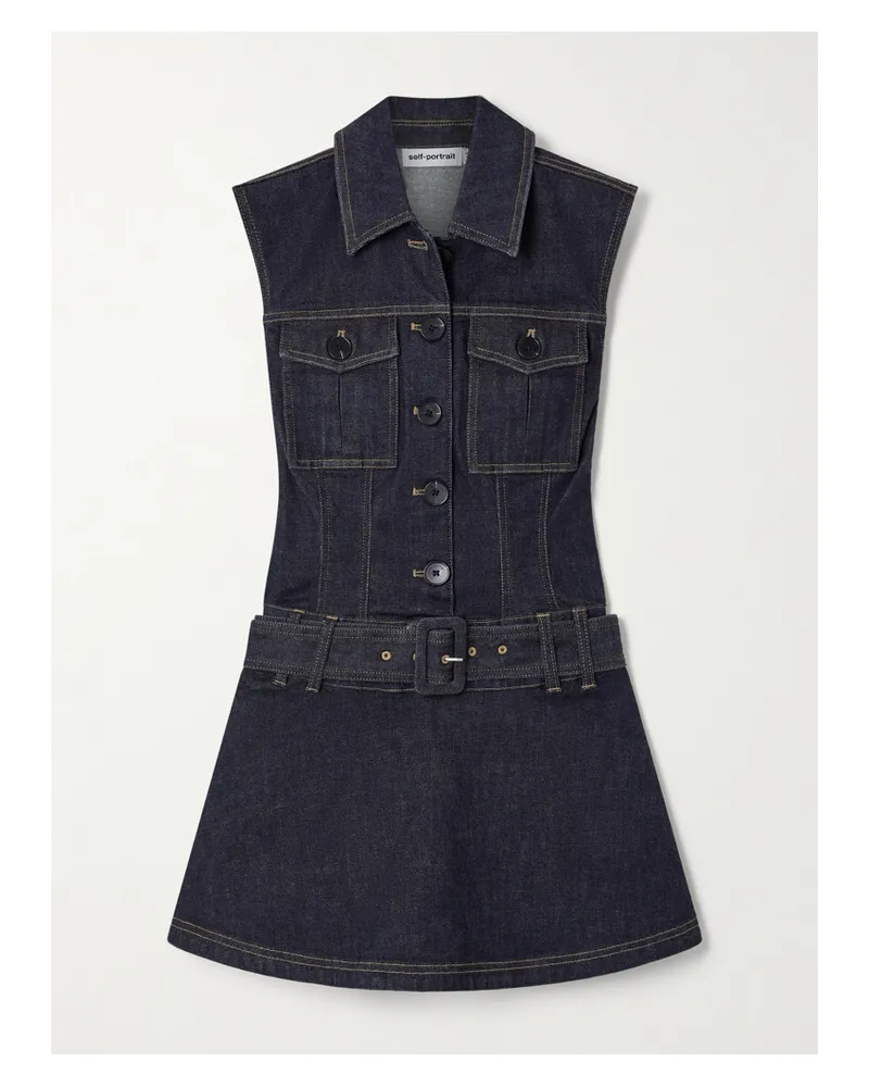 Self-Portrait Belted Denim Mini Dress - Blue Blue