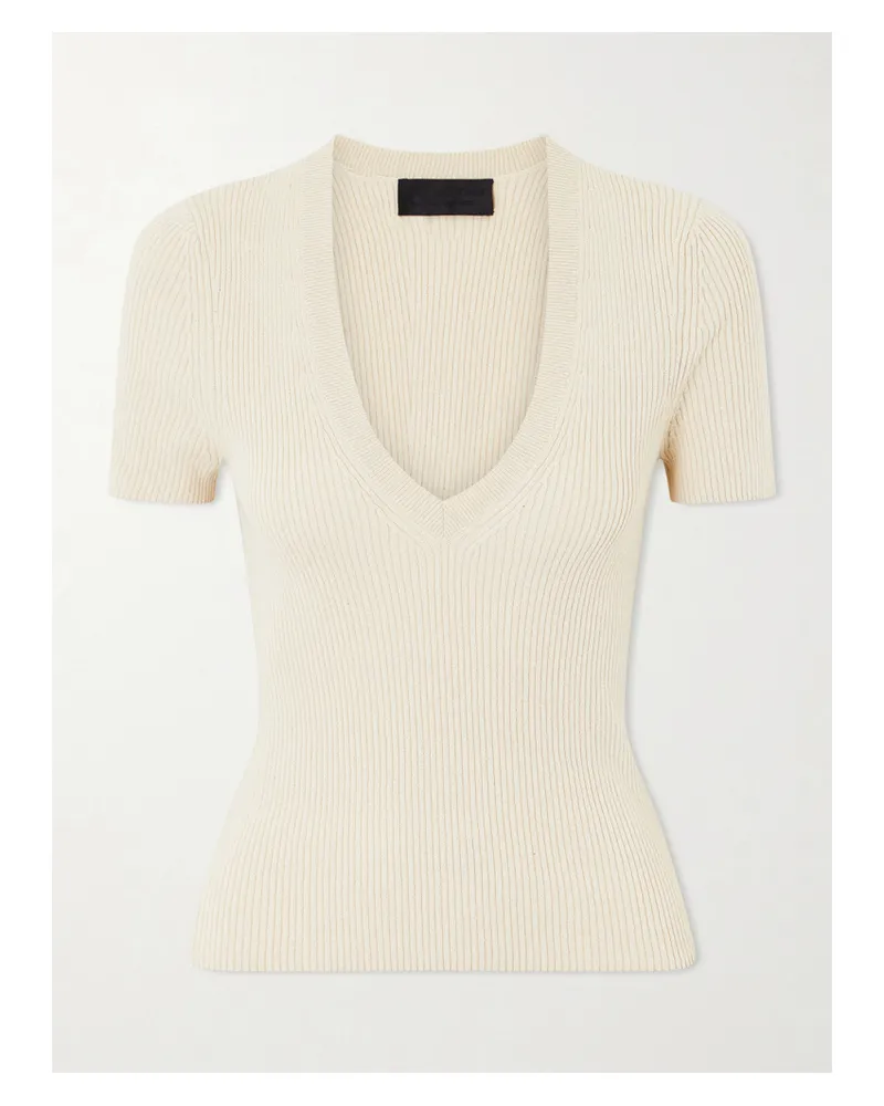 Nili Lotan Ribbed-knit Cotton And Silk-blend T-shirt - Neutrals Neutrals