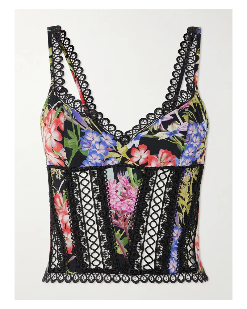 Charo Ruiz Poppy Bustier Aus Voile Aus Einer Baumwollmischung Mit Blumenprint Und Besätzen Aus Guipure-spitze - Schwarz Schwarz