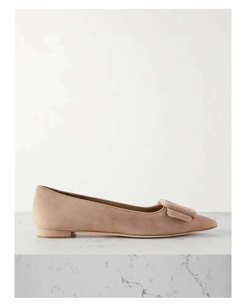 Manolo Blahnik Maysale Buckled Suede Point-toe Flats - Brown Brown