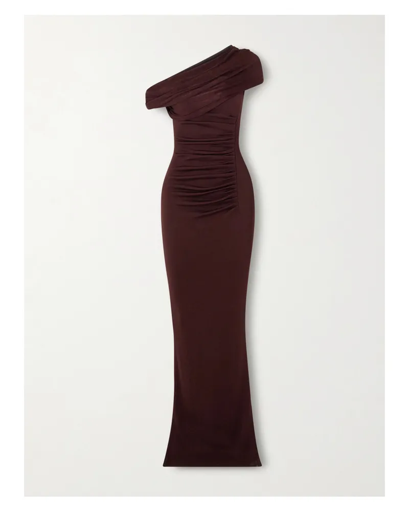 Self-Portrait Schulterfreies Maxikleid Aus Strick Mit Raffungen - Braun Braun