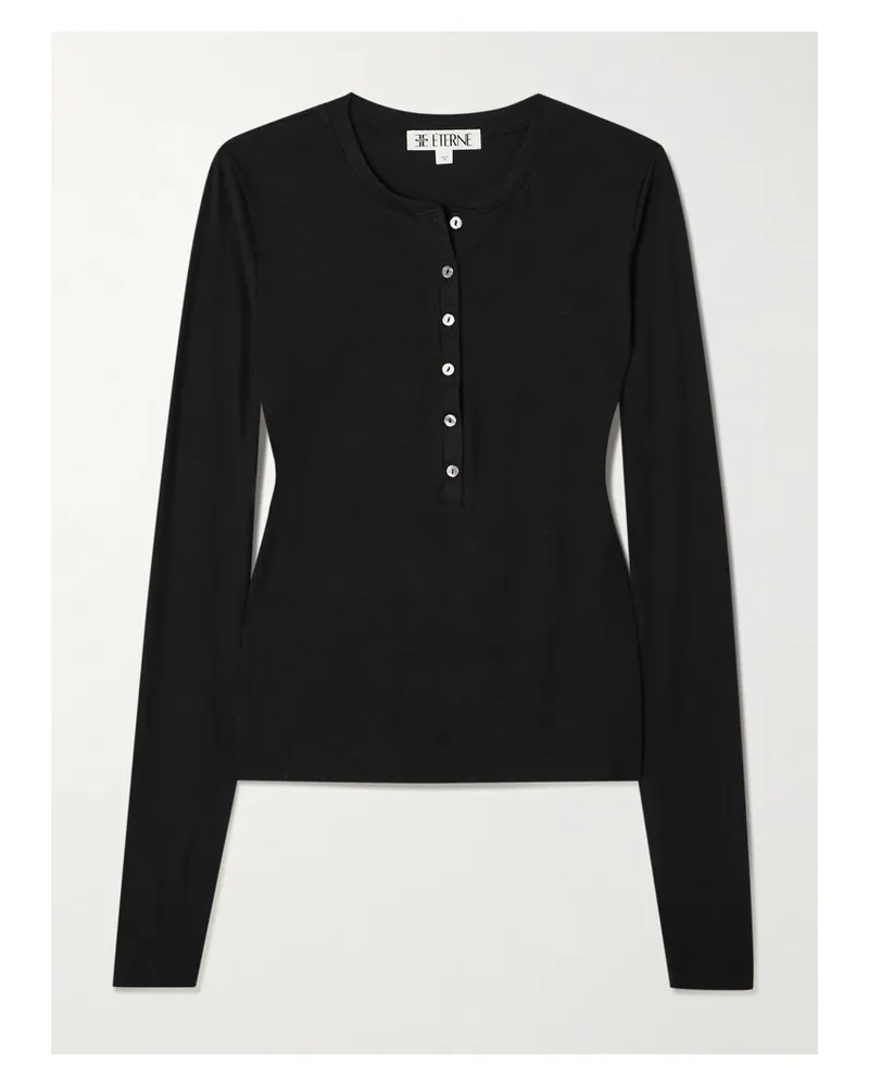 ÉTERNE Ribbed-knit Henley Top - Black Black