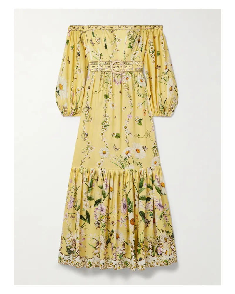 Camilla Schulterfreies Maxikleid Aus Einer Leinen-seidenmischung Mit Blumenprint, Raffungen Und Gürtel - Gelb Gelb