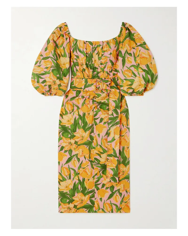 Carolina Herrera New York Schulterfreies Midikleid Aus Stretch-baumwolle Mit Blumenprint, Raffungen Und Gürtel - Gelb Gelb