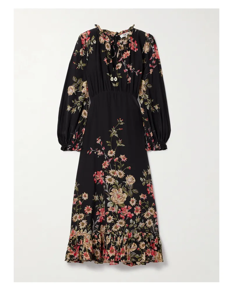 Sea Jolie Midikleid Aus Crêpe De Chine Mit Blumenprint Und Rüschen - Schwarz Schwarz