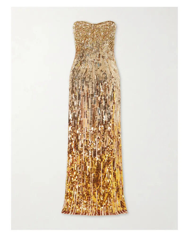 Jenny Packham Cesonia Strapless Sequined Chiffon Gown - Gold Gold
