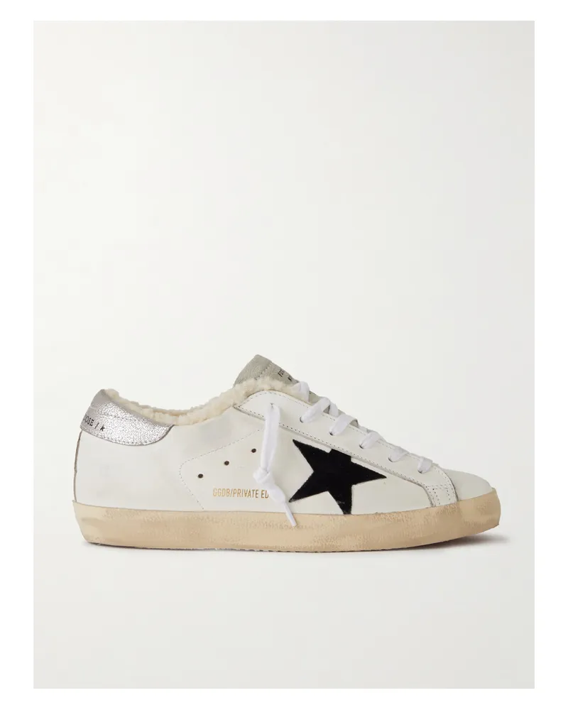 Golden Goose Super-star Sneakers Aus Veloursleder, Leder Und Shearling In Distressed-optik - Weiß Weiß