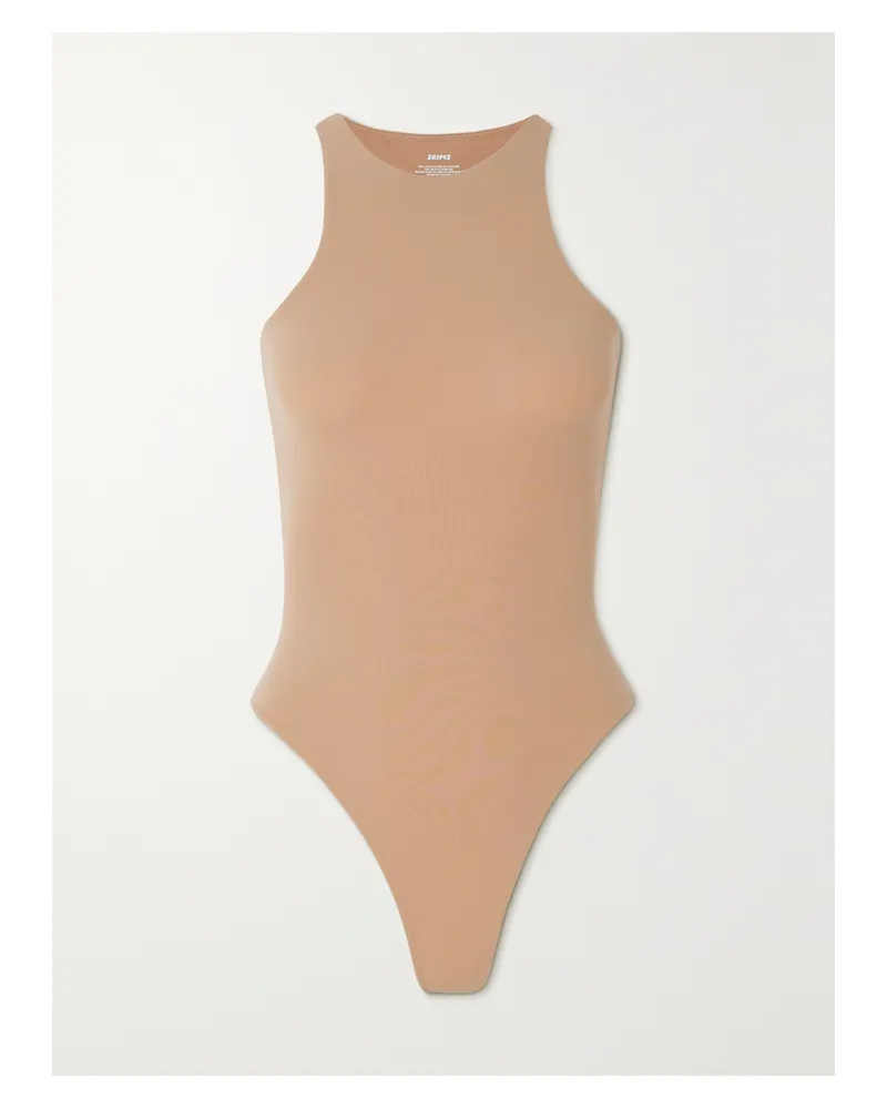 SKIMS Fits Everybody High Neck Bodysuit – Clay – String-body Aus Glänzendem Stretch-jersey - Neutral Neutral