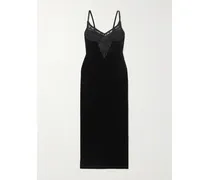 Lace-trimmed Velvet Midi Dress - Black