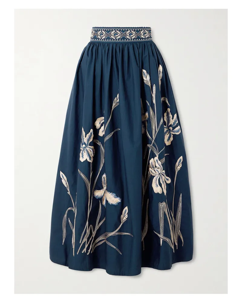 Emporio Sirenuse Ombretta Iris Pleated Embroidered Cotton-blend Poplin Midi Skirt - Blue Blue