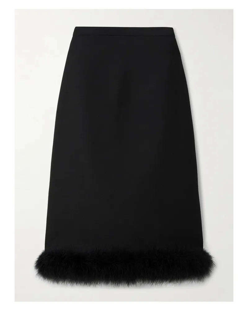 Valentino Garavani Feather-trimmed Wool And Silk-blend Crepe Skirt - Black Black