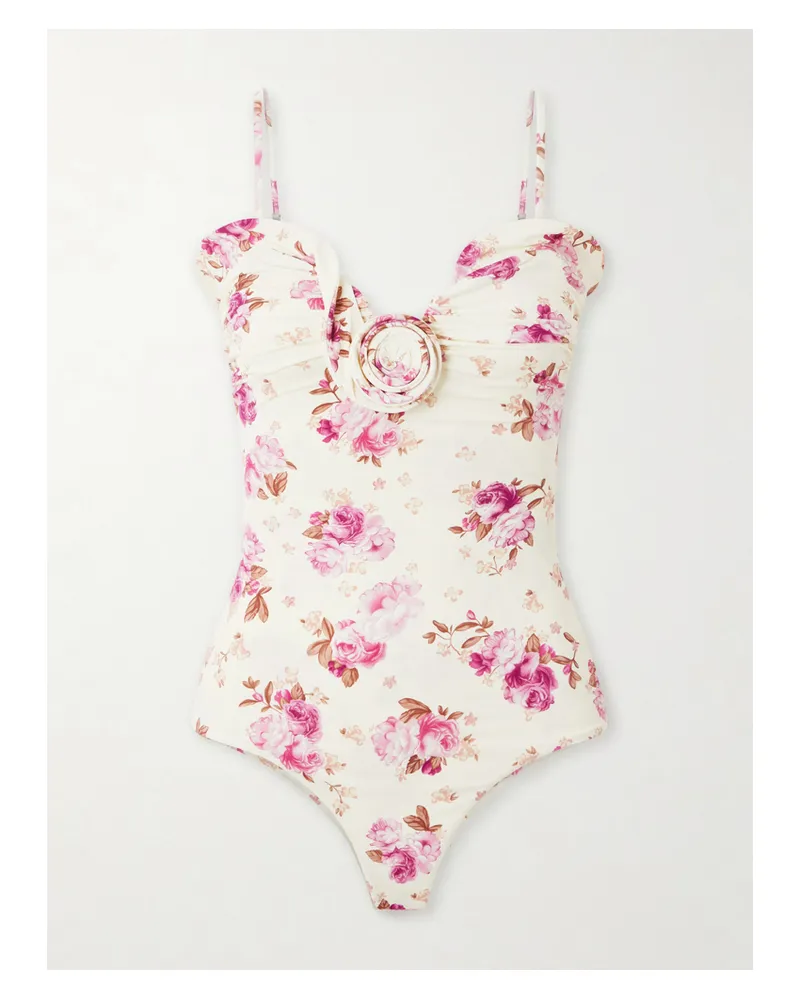 Magda Butrym Embellished Gathered Floral-print Swimsuit - Cream Cream