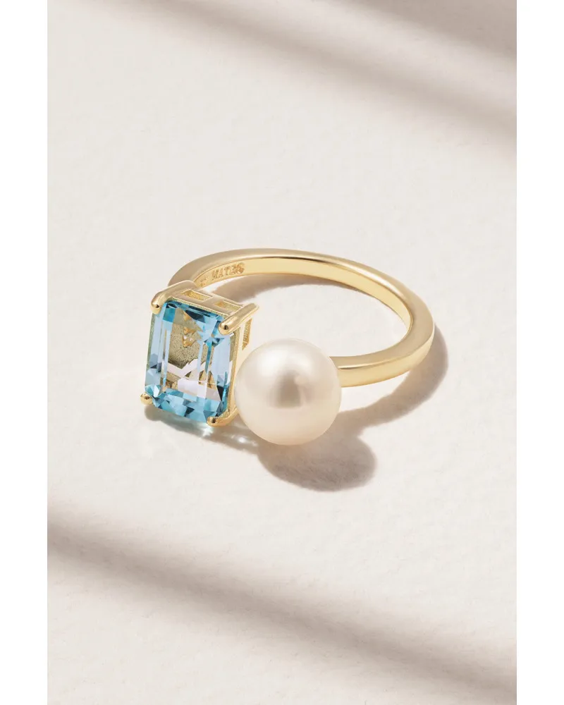 MATEO Ring aus 14 Karat Gold mit Topas Und Perle Blau