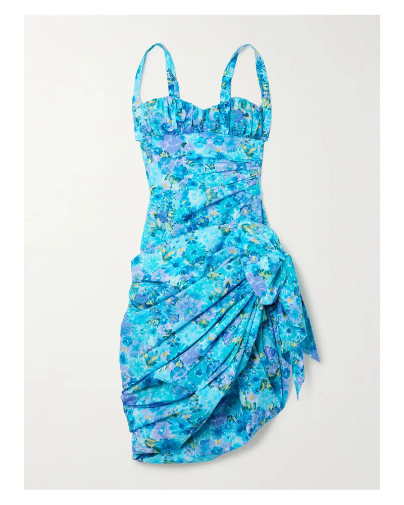 Chloé Asymmetric Bow-detailed Draped Gathered Floral-print Cotton Mini Dress - Blue Blue