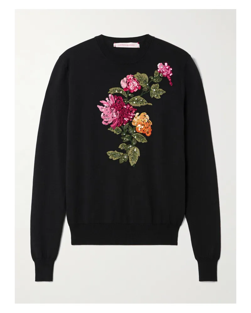 Carolina Herrera New York Embellished Embroidered Silk And Cotton-blend Sweater - Black Black