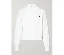 Zopfstrickpullover Aus Baumwolle Mit Stehkragen Und Stickerei - Weiß