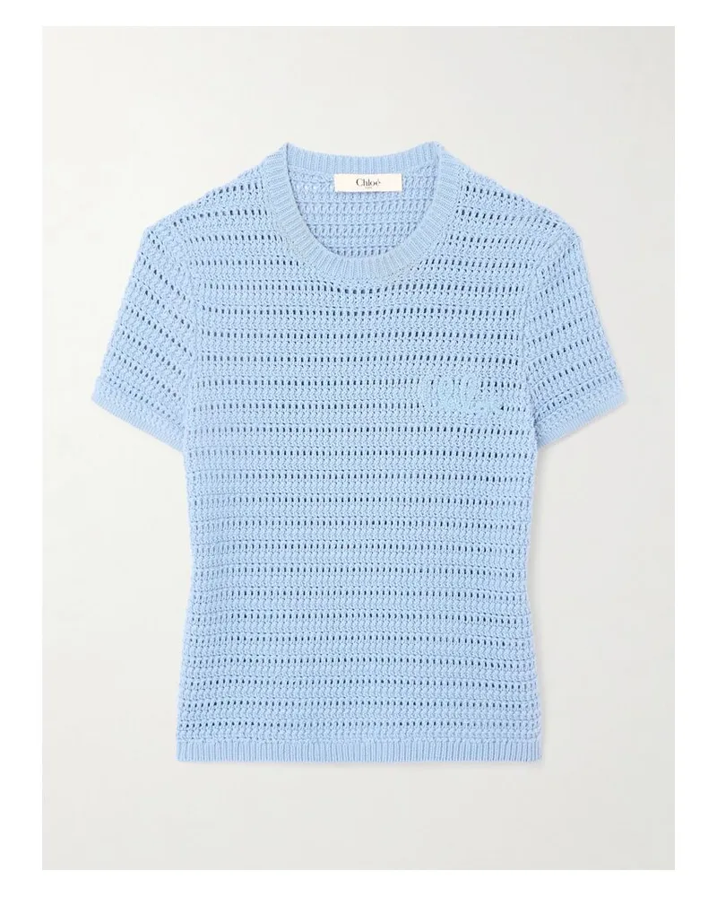 Chloé T-shirt Aus Gehäkelter Baumwolle Mit Stickerei - Blau Blau