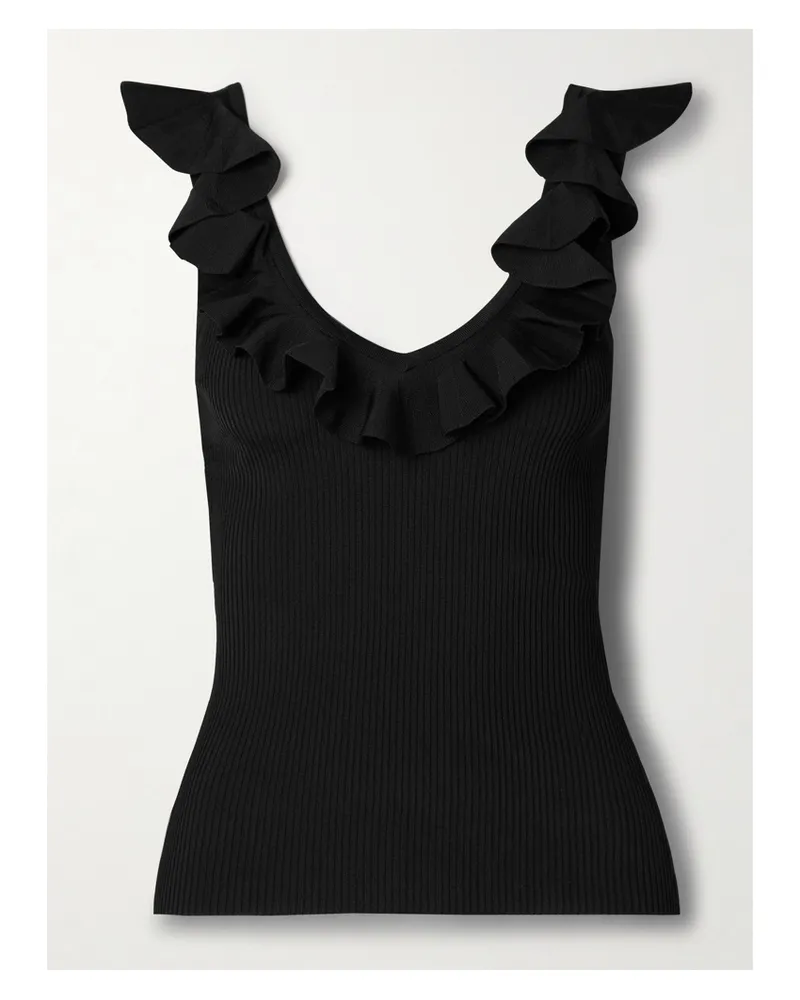 Zimmermann Awaken Ruffled Ribbed-knit Top - Black Black