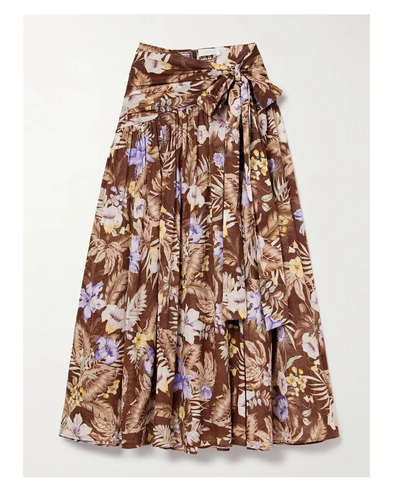 Zimmermann Coco Maxirock Aus Baumwoll-voile Mit Blumenprint, Falten Und Bindegürtel - Braun Braun