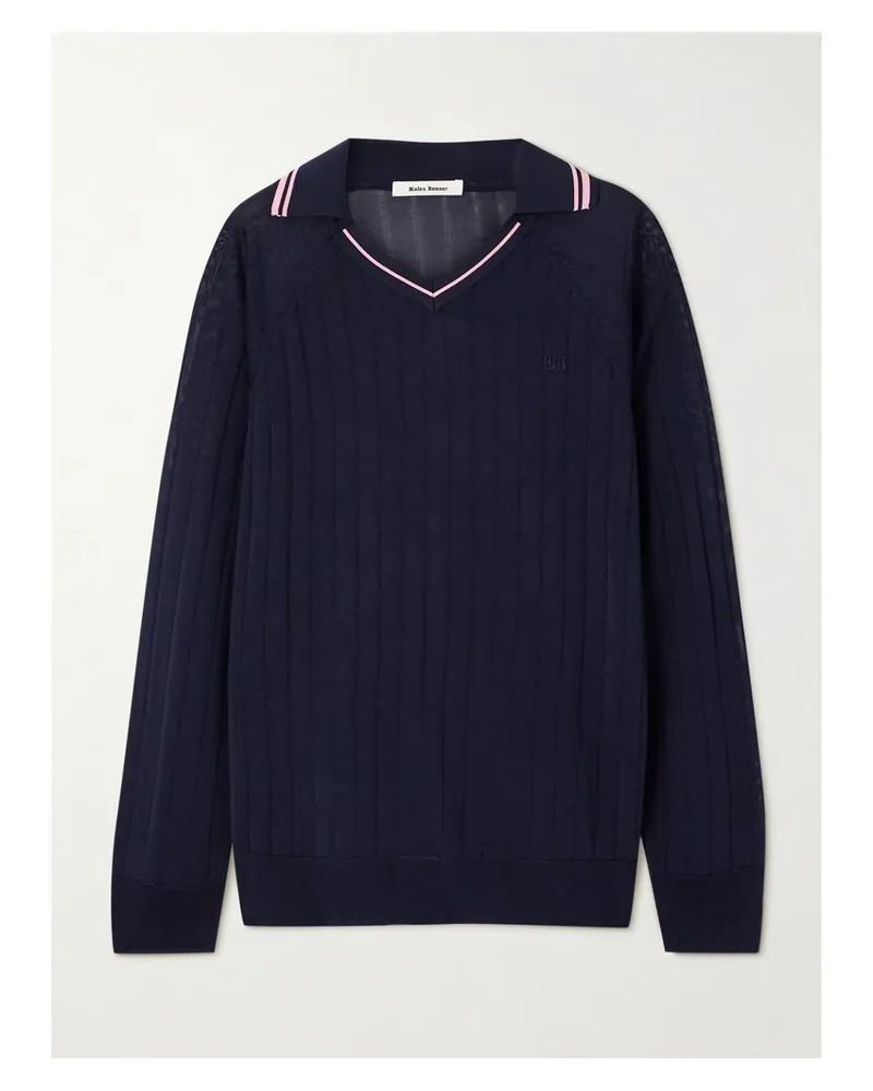 Wales Bonner Roots Geripptes Oberteil Mit Polokragen Und Stickereien - Blau Blau